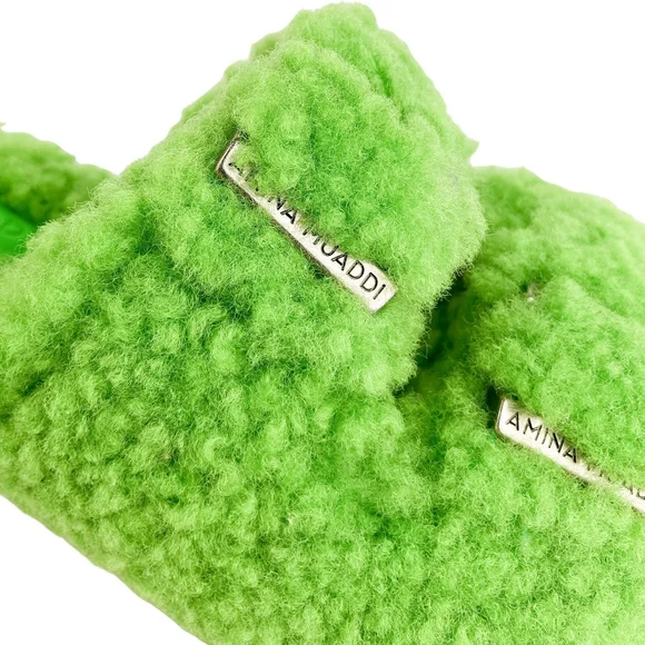 Amina Muaddi Millie Vibrant Green Shearling Heels